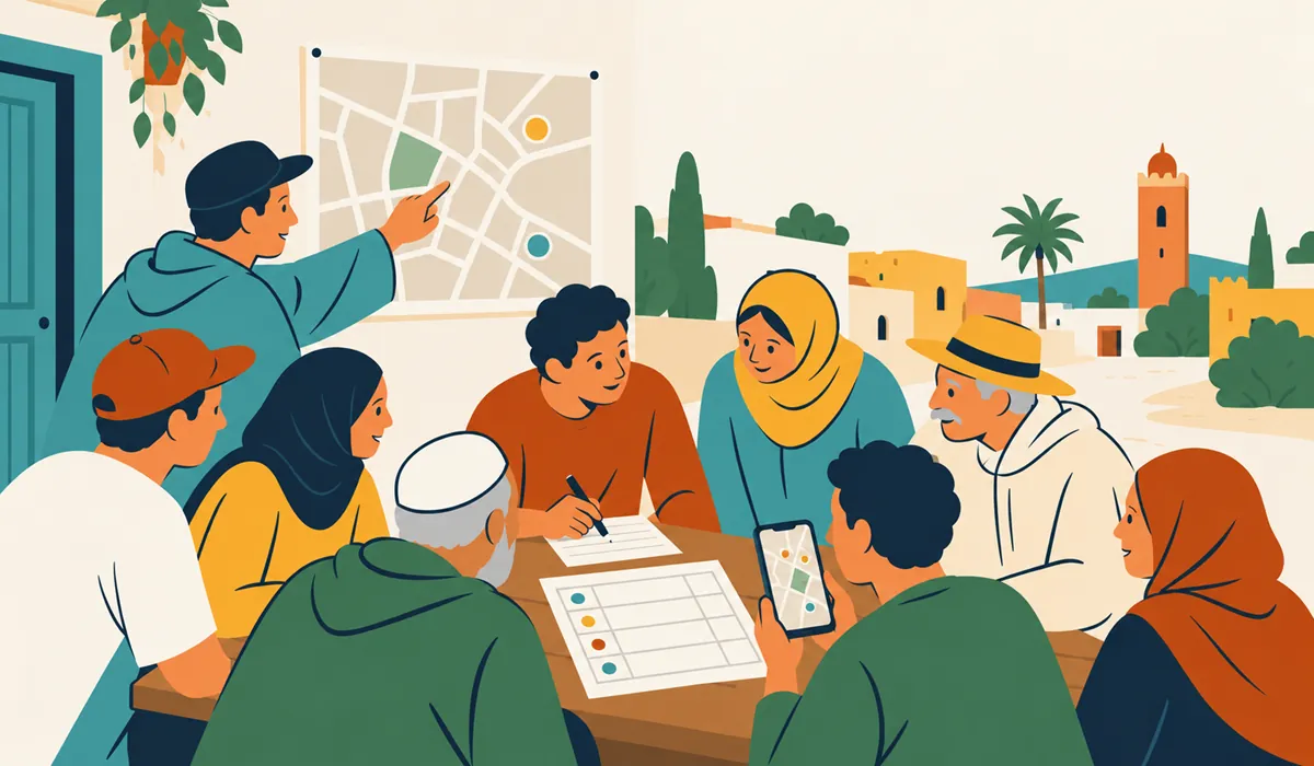 رسم توضيحي لسكان من قصبة تادلة يتشاورون حول خريطة الحي ويوقعون عريضة